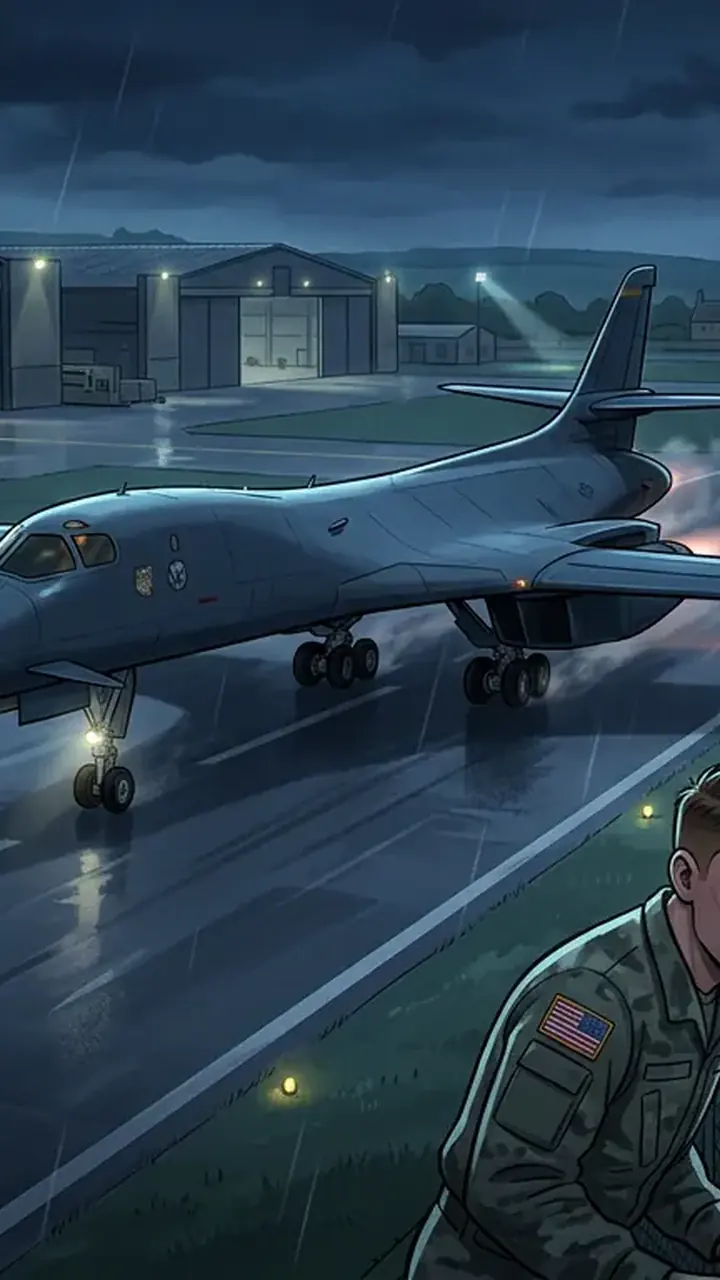 Animated editorial illustration for: US Withdraws B-1 Bombers from UK After Six Arrested in Terror Plot