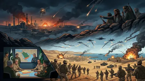 Animated editorial illustration for: Houthis Claim Retaliatory Missile and Drone Attacks on Riyadh