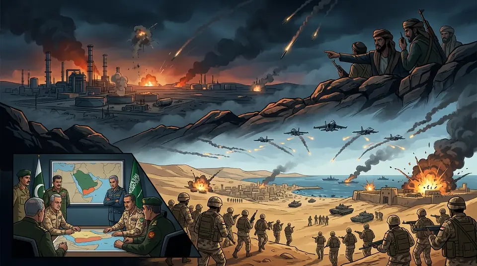 Animated editorial illustration for: Houthis Claim Retaliatory Missile and Drone Attacks on Riyadh