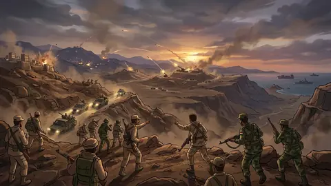 Animated editorial illustration for: Yemeni Forces Recapture Strategic Bab el-Mandeb Strait from Houthis